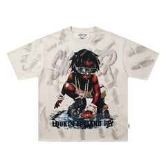 Lookin Fly And Icy Off‑White Washed Skull Hip‑Hop Double‑Sided Graphic Print Crew Neck Streetwear T‑Shirt