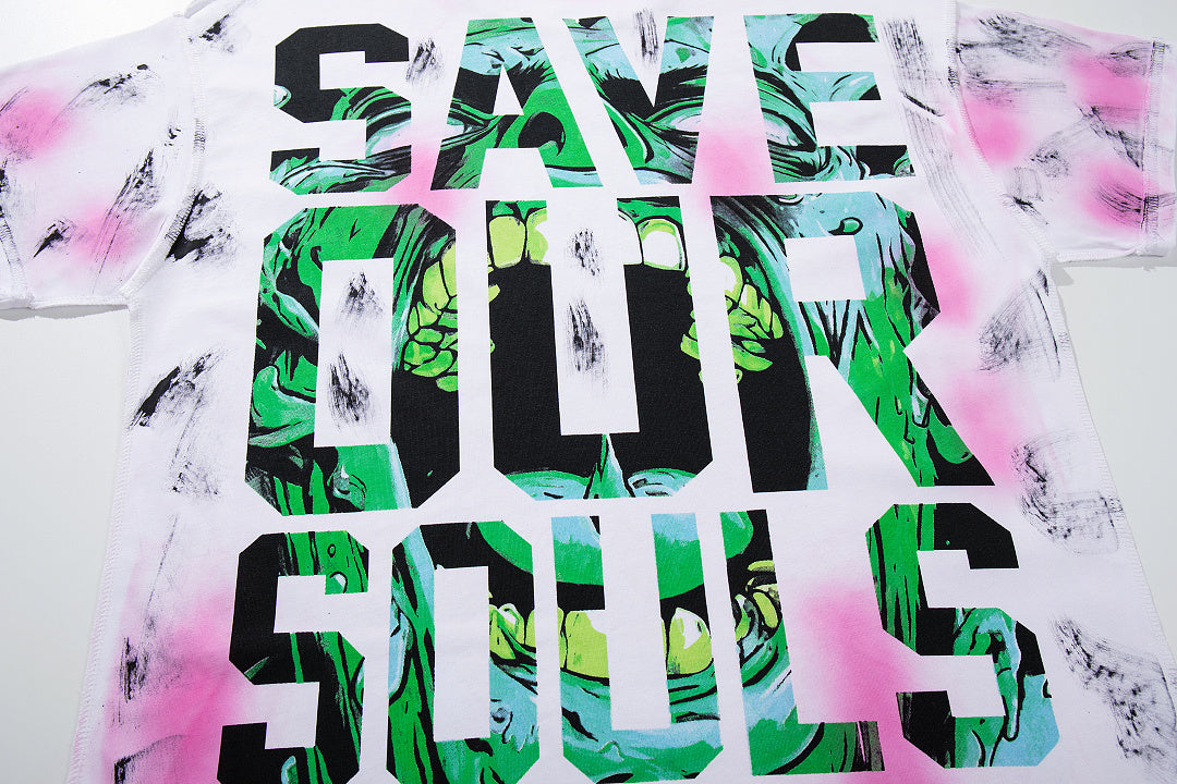 Save Our Souls Pink‑Green Tie‑Dye Double‑Sided Graphic Print Crew‑Neck Streetwear T‑Shirt