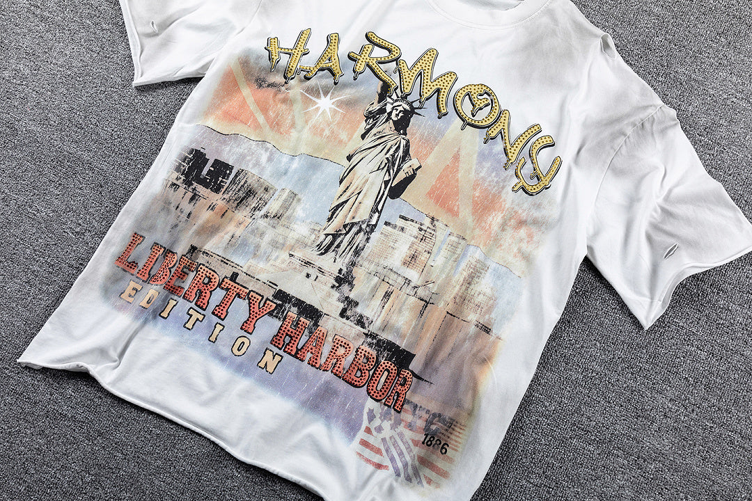 HVM Harmony Statue Portrait Tie‑Dye White Double‑Sided Graphic Print Crew Neck Streetwear T‑Shirt