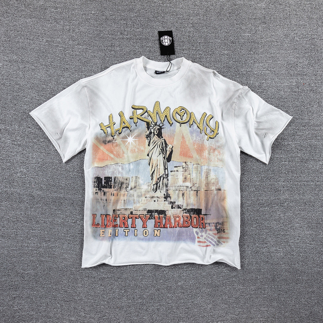 HVM Harmony Statue Portrait Tie‑Dye White Double‑Sided Graphic Print Crew Neck Streetwear T‑Shirt