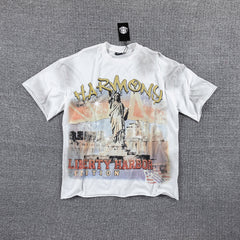 HVM Harmony Statue Portrait Tie‑Dye White Double‑Sided Graphic Print Crew Neck Streetwear T‑Shirt