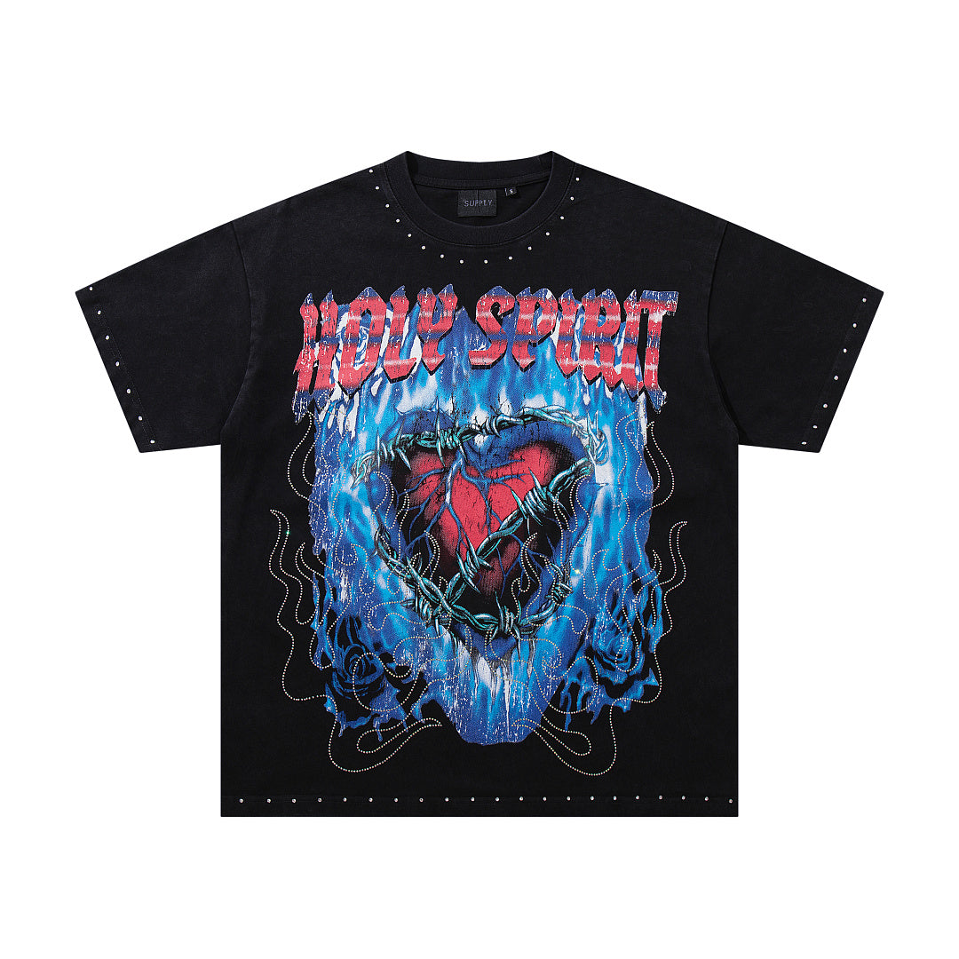 Melting Heart Black Vintage‑Washed Double‑Sided Graphic Print Crew‑Neck Streetwear T‑Shirt