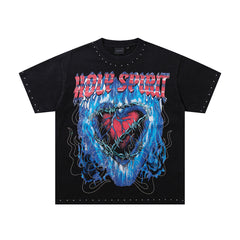 Melting Heart Black Vintage‑Washed Double‑Sided Graphic Print Crew‑Neck Streetwear T‑Shirt