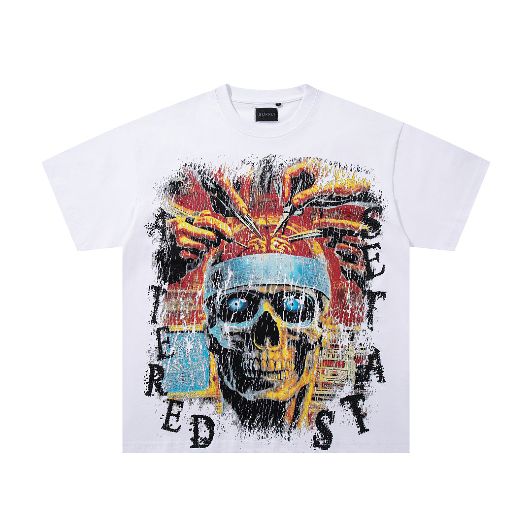 Tribal Skull White Vintage‑Washed Double‑Sided Graphic Print Crew‑Neck Streetwear T‑Shirt