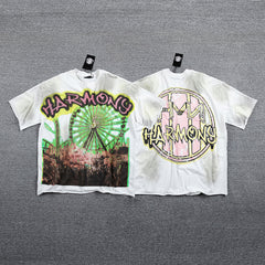 HVM Harmony Ferris Wheel Tie‑Dye White Double‑Sided Graphic Print Crew Neck Streetwear T‑Shirt