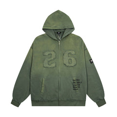 Vintage Olive Green Number 26 Embroidery Full‑Zip Hoodie