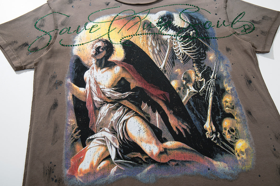 Rare Peace The End Of An Era Brown‑Washed Double‑Sided Graphic Print Crew‑Neck Streetwear T‑Shirt