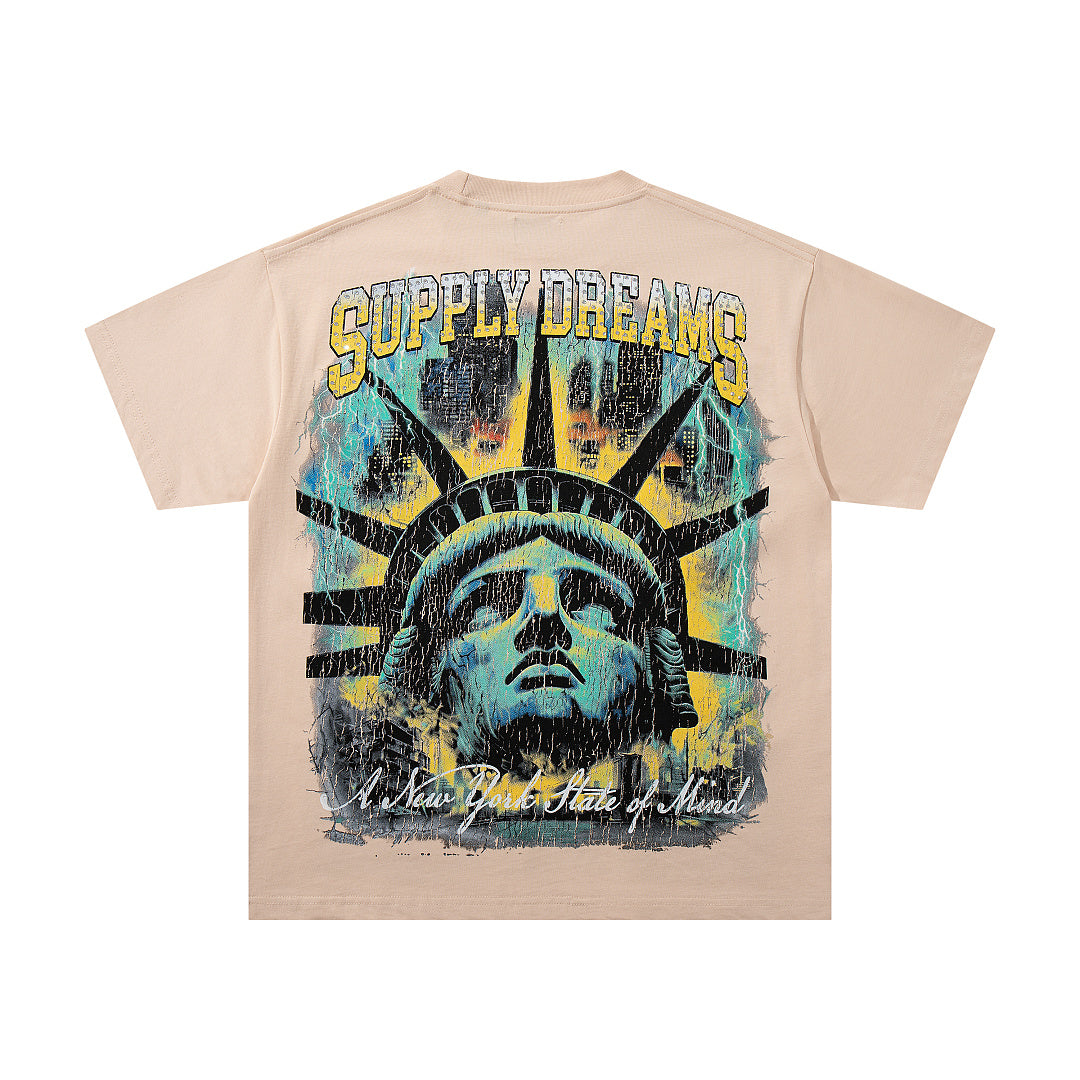 Statue Of Liberty Beige Vintage‑Washed Double‑Sided Graphic Print Crew‑Neck Streetwear T‑Shirt