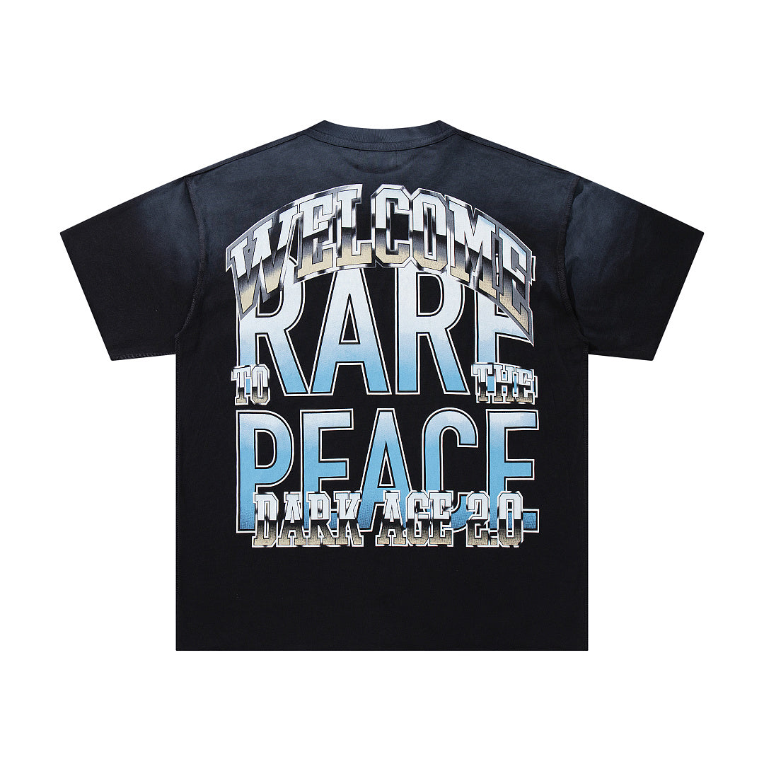 Rare Peace Black‑Washed Double‑Sided Graphic Print Crew‑Neck Streetwear T‑Shirt