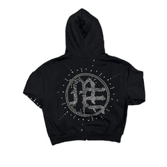 Black Rhinestone Graphic Full Zip Hoodie Men Streetwear Zip‑Up Hooded Sweatshirt