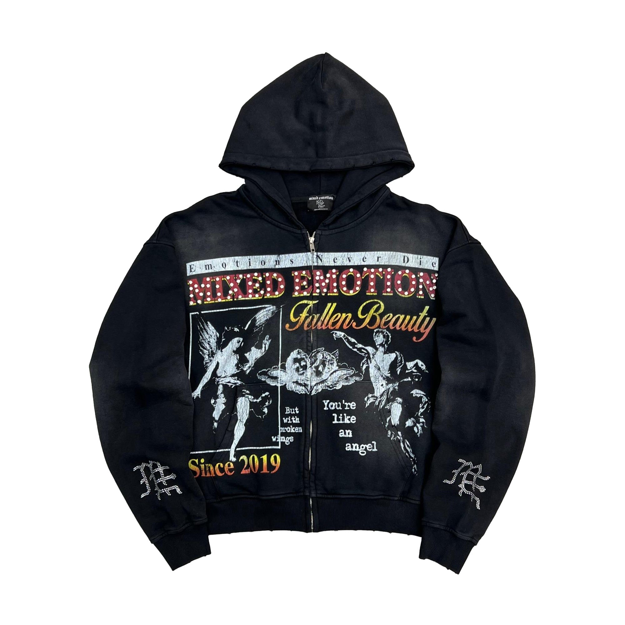Mixed Emotion Vintage Graphic Zip‑Up Hoodie Loose Fit Streetwear Black Hooded Jacket