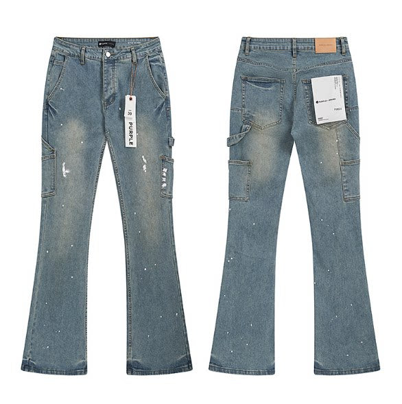 Meichao Spring and Autumn New Style Retro Splash Ink Piercing Hot Diamond Jeans High Street Washed Casual Trendy Micro Pull Pants Men (17)