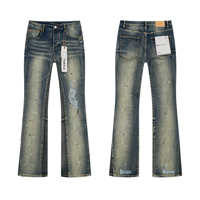 Meichao Spring and Autumn New Style Retro Splash Ink Piercing Hot Diamond Jeans High Street Washed Casual Trendy Micro Pull Pants Men (3)