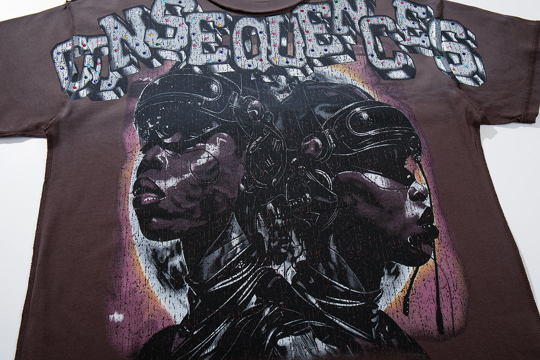 Consequences Higher Justice Burgundy‑Washed Double‑Sided Graphic Print Crew‑Neck Streetwear T‑Shirt