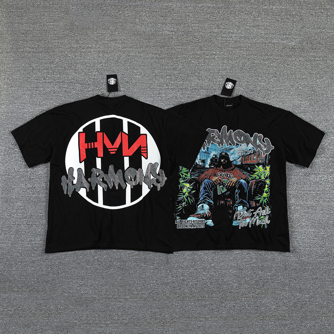 HVM Harmony Wild Western Figure Black Double‑Sided Graphic Print Crew Neck Streetwear T‑Shirt