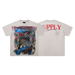 Nature Beast Off‑White Vintage‑Washed Double‑Sided Graphic Print Crew‑Neck Streetwear T‑Shirt