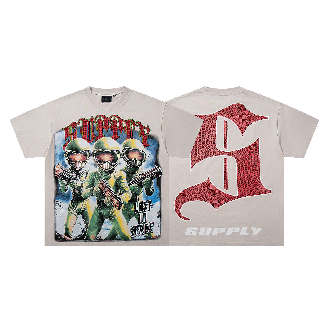 Soldier Troop Beige Vintage‑Washed Double‑Sided Graphic Print Crew‑Neck Streetwear T‑Shirt