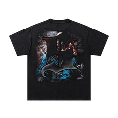 Grim Reaper Skeleton Black Vintage‑Washed Double‑Sided Graphic Print Crew‑Neck Streetwear T‑Shirt