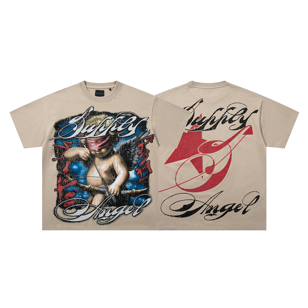 Vintage Tempted Angel Beige Vintage‑Washed Double‑Sided Graphic Print Crew‑Neck Streetwear T‑Shirt