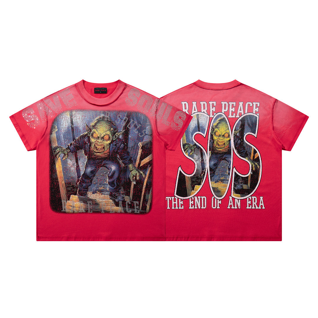 Rare Peace SOS The End Of An Era Red‑Washed Double‑Sided Graphic Print Crew‑Neck Streetwear T‑Shirt