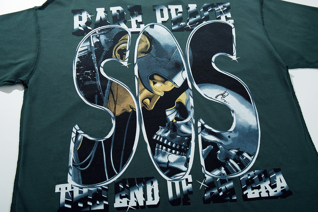 SOS Skull Universe Dark‑Green Washed Double‑Sided Graphic Print Crew‑Neck Streetwear T‑Shirt