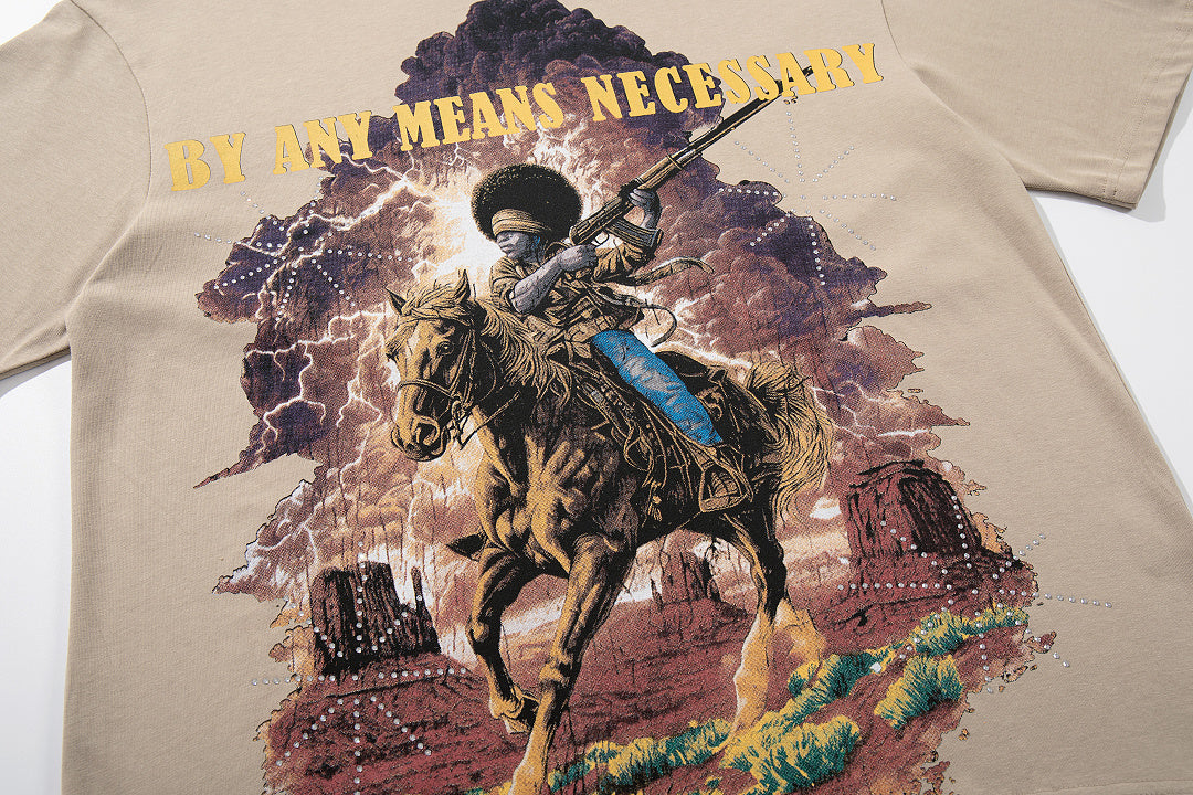 Vintage Cowboy Warrior Beige Vintage‑Washed Double‑Sided Graphic Print Crew‑Neck Streetwear T‑Shirt