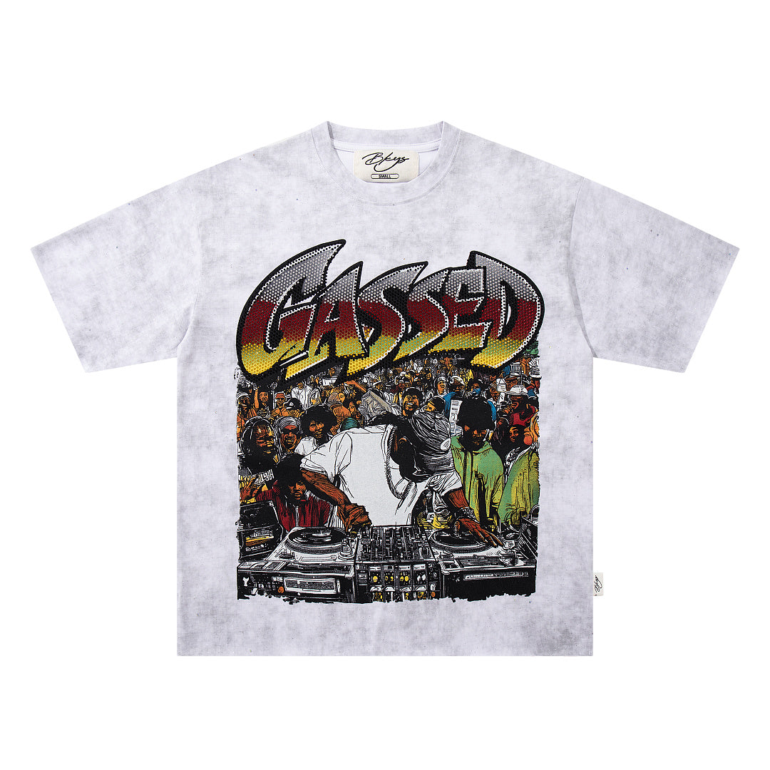 Gossed‑Up Star Scene Off‑White Washed Double‑Sided Graphic Print Crew‑Neck Streetwear T‑Shirt