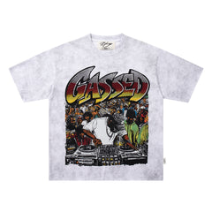 Gossed‑Up Star Scene Off‑White Washed Double‑Sided Graphic Print Crew‑Neck Streetwear T‑Shirt