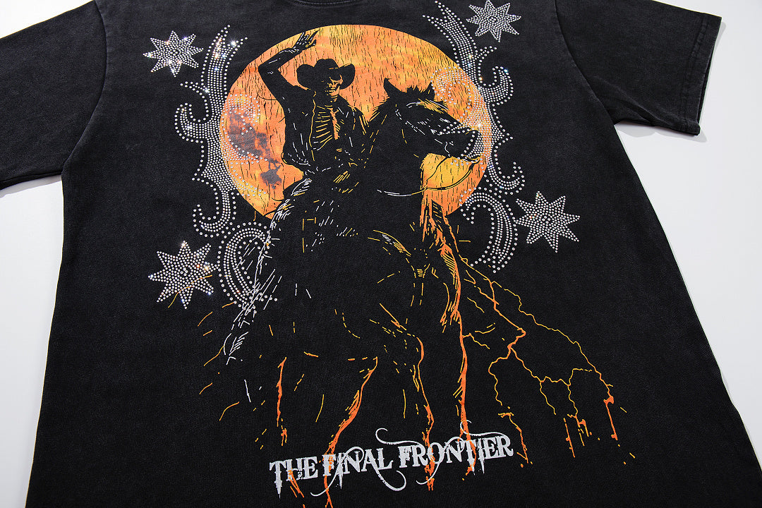 Supply Hills Black‑Washed Double‑Sided Graphic Print Crew‑Neck Streetwear T‑Shirt