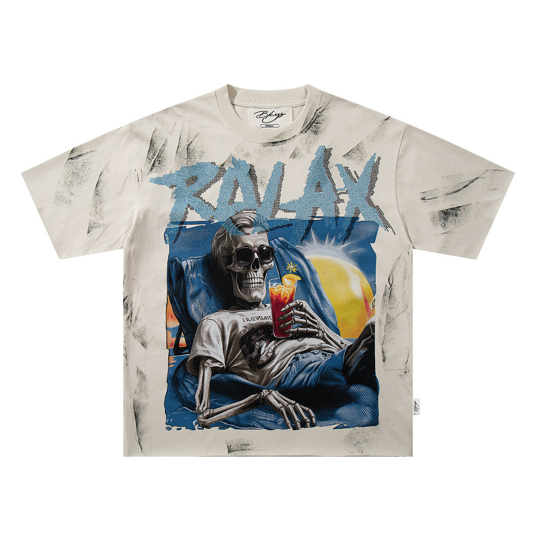 Relax Your Mind Skeleton Double‑Sided Graphic Print Crew Neck Streetwear T‑Shirt