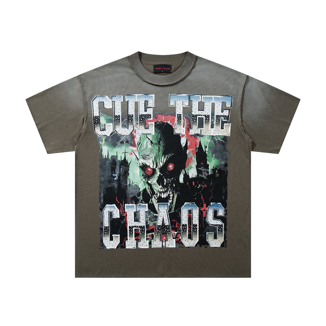 Into The Chaos Olive‑Washed Double‑Sided Graphic Print Crew‑Neck Streetwear T‑Shirt