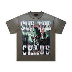 Into The Chaos Olive‑Washed Double‑Sided Graphic Print Crew‑Neck Streetwear T‑Shirt
