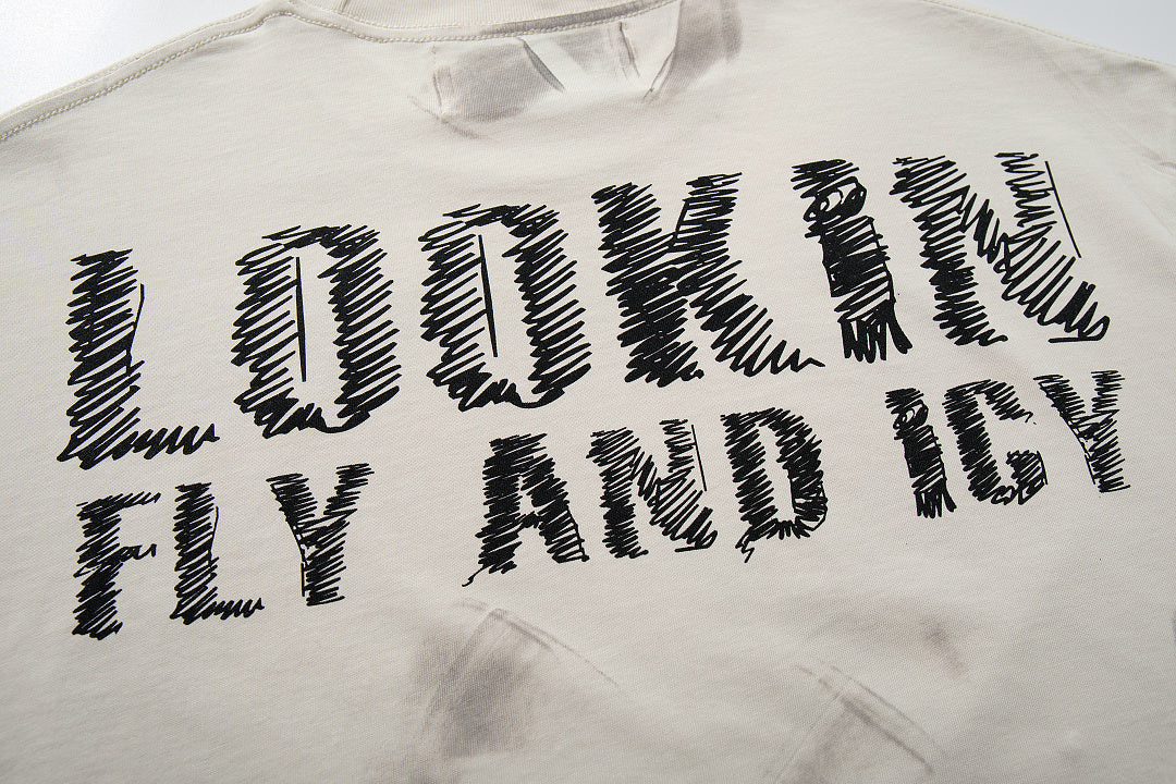 Lookin Fly And Icy Off‑White Washed Skull Hip‑Hop Double‑Sided Graphic Print Crew Neck Streetwear T‑Shirt