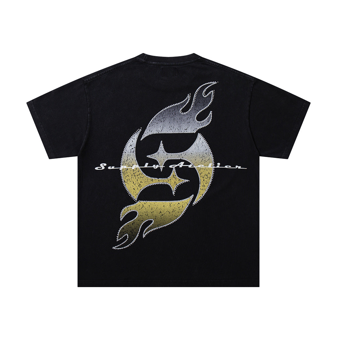 Vintage Cloud Cherub Black Vintage‑Washed Double‑Sided Graphic Print Crew‑Neck Streetwear T‑Shirt