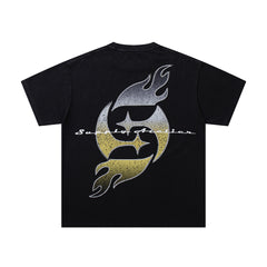 Vintage Cloud Cherub Black Vintage‑Washed Double‑Sided Graphic Print Crew‑Neck Streetwear T‑Shirt