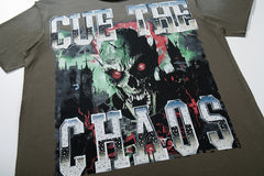 Into The Chaos Olive‑Washed Double‑Sided Graphic Print Crew‑Neck Streetwear T‑Shirt