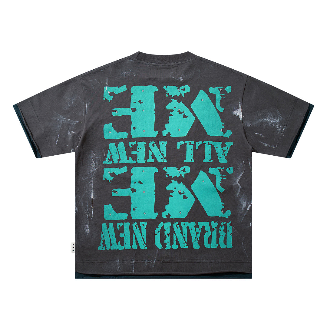 Teal Figure Portrait Double‑Sided Graphic Print Crew Neck Streetwear T‑Shirt