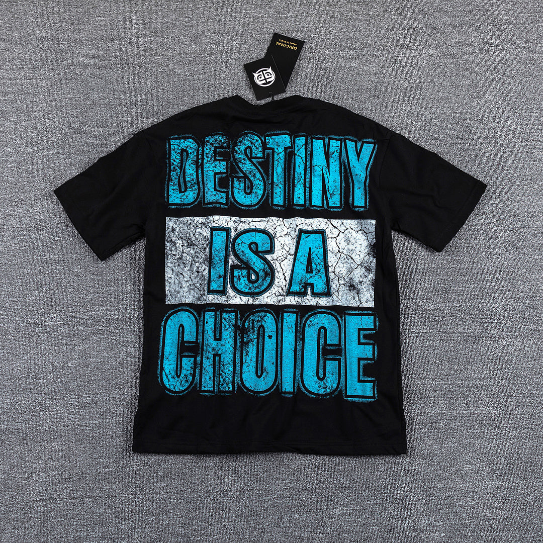 Glazagod "Destiny Is A Choice" Blue‑Cyan Double‑Sided Graphic Print Crew Neck Streetwear T‑Shirt