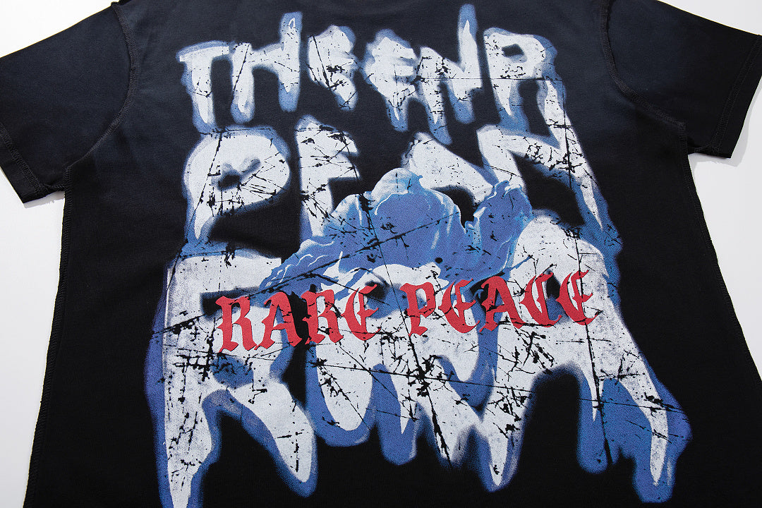 Chaos Mountain Black‑Washed Double‑Sided Graphic Print Crew‑Neck Streetwear T‑Shirt