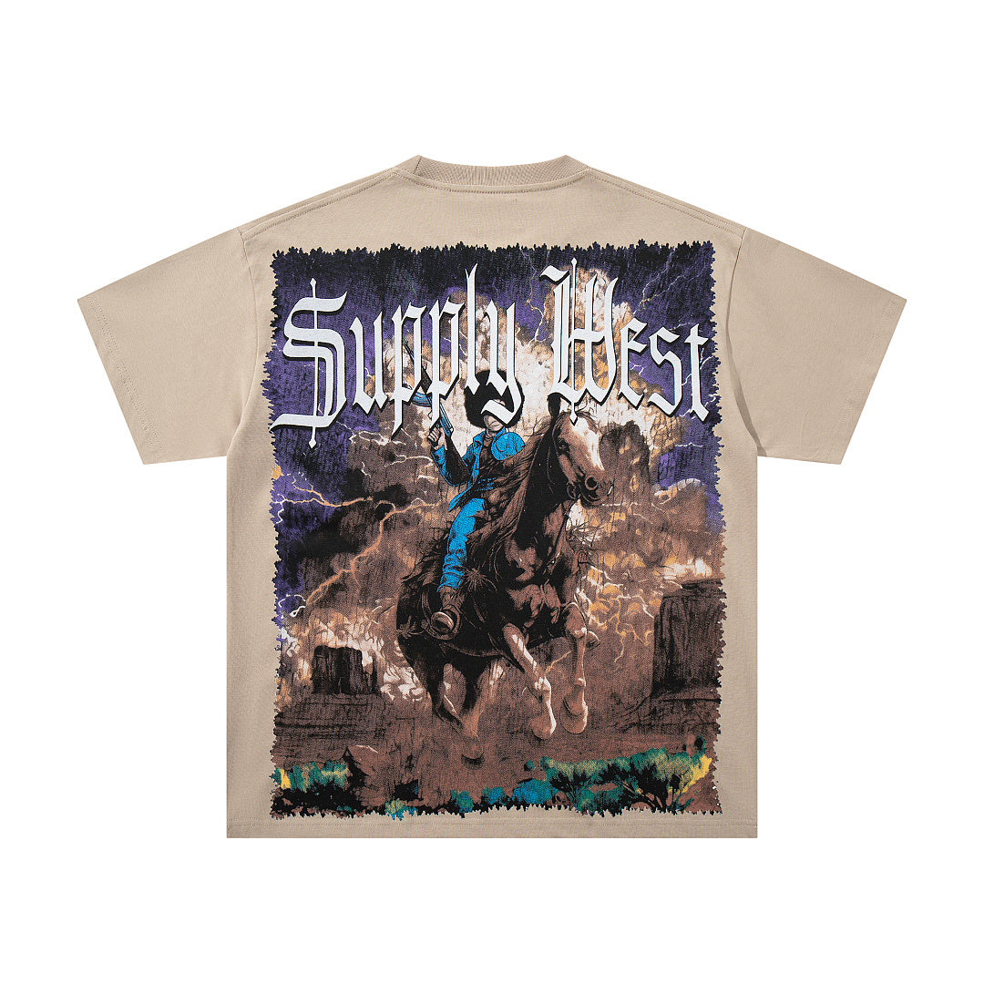 Vintage Cowboy Warrior Beige Vintage‑Washed Double‑Sided Graphic Print Crew‑Neck Streetwear T‑Shirt