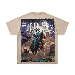 Vintage Cowboy Warrior Beige Vintage‑Washed Double‑Sided Graphic Print Crew‑Neck Streetwear T‑Shirt