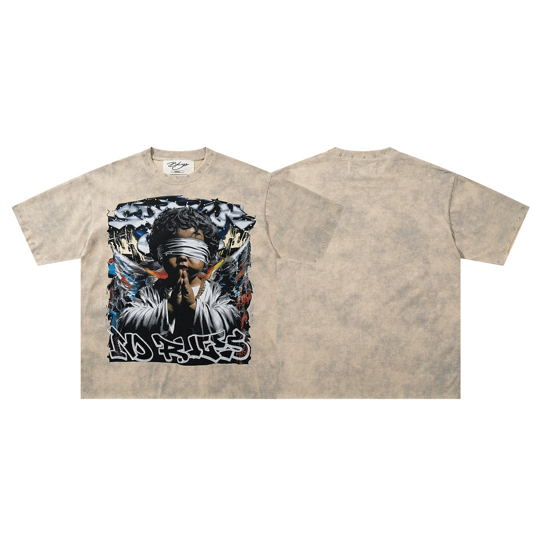 Rockstar Skull Graffiti Off‑White Washed Graphic Print Crew‑Neck Streetwear T‑Shirt