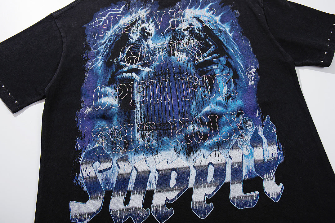 Melting Heart Black Vintage‑Washed Double‑Sided Graphic Print Crew‑Neck Streetwear T‑Shirt