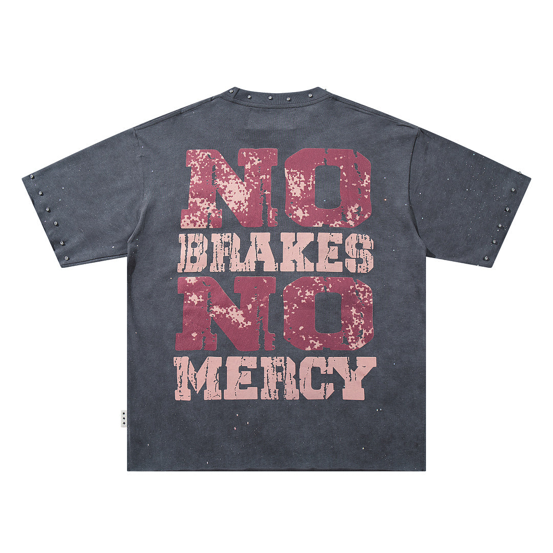 Washed Black Eagle No Mercy Double‑Sided Graphic Print Crew Neck Streetwear T‑Shirt