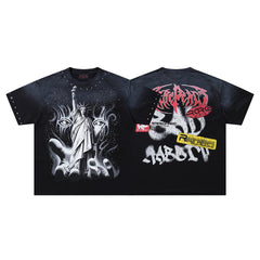 Bad Abbey Black‑Washed Double‑Sided Graphic Print Crew‑Neck Streetwear T‑Shirt