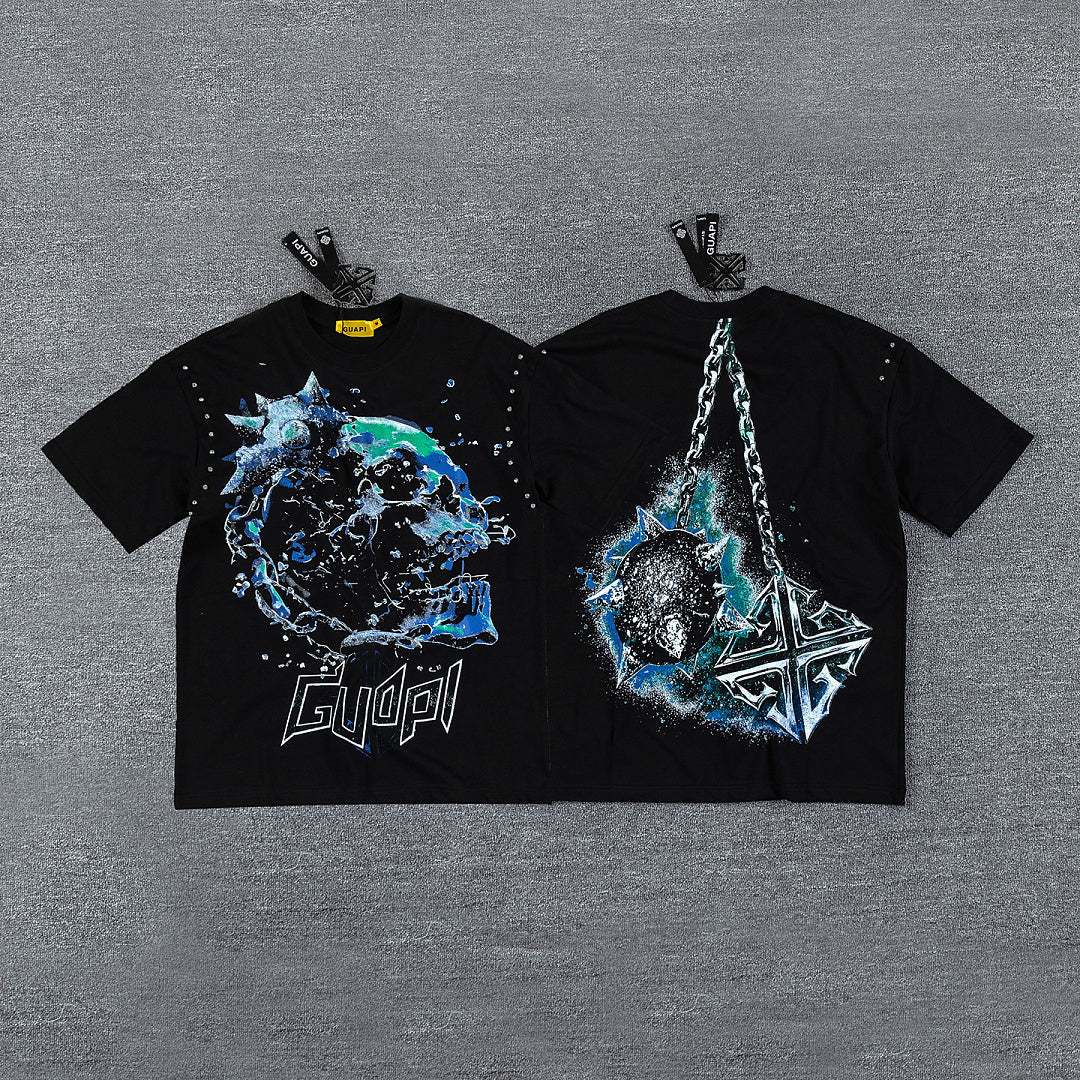Planet Chain Double‑Sided Graphic Print Crew Neck Streetwear T‑Shirt