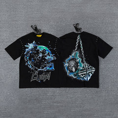 Planet Chain Double‑Sided Graphic Print Crew Neck Streetwear T‑Shirt