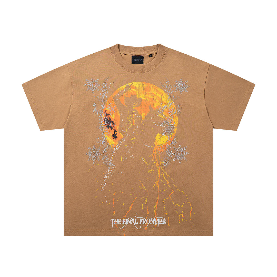 Fire Globe Brown Vintage‑Washed Double‑Sided Graphic Print Crew‑Neck Streetwear T‑Shirt