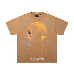 Fire Globe Brown Vintage‑Washed Double‑Sided Graphic Print Crew‑Neck Streetwear T‑Shirt