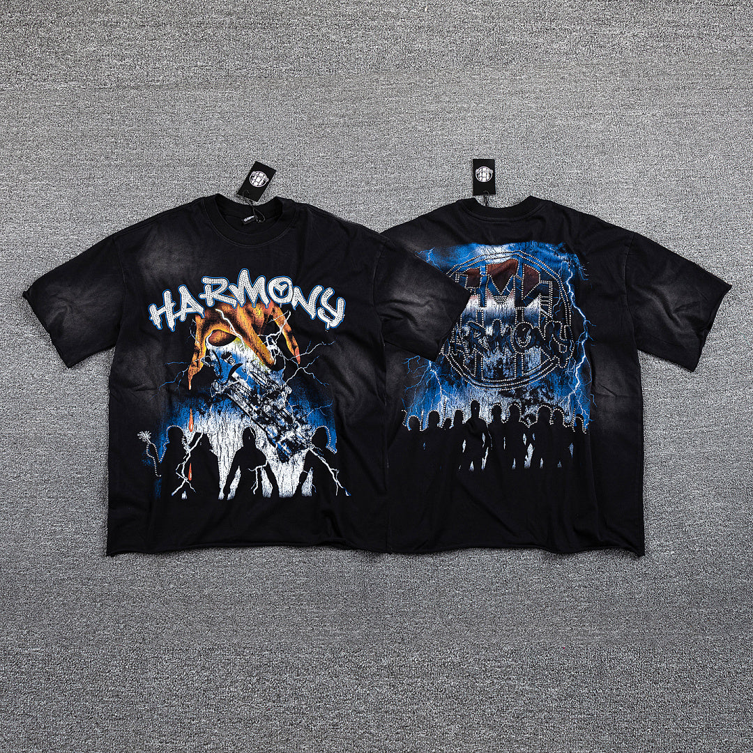 HVM Harmony Dark Rock Figure Black Tie‑Dye Double‑Sided Graphic Print Crew Neck Streetwear T‑Shirt